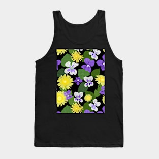 Cross-stitch Dandelions and Violets on Black Vertical Tank Top